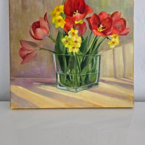 Tulipes et jonquilles Art original peinture à l'huile fleur moyenne 30,5 x 12 pouces image 3