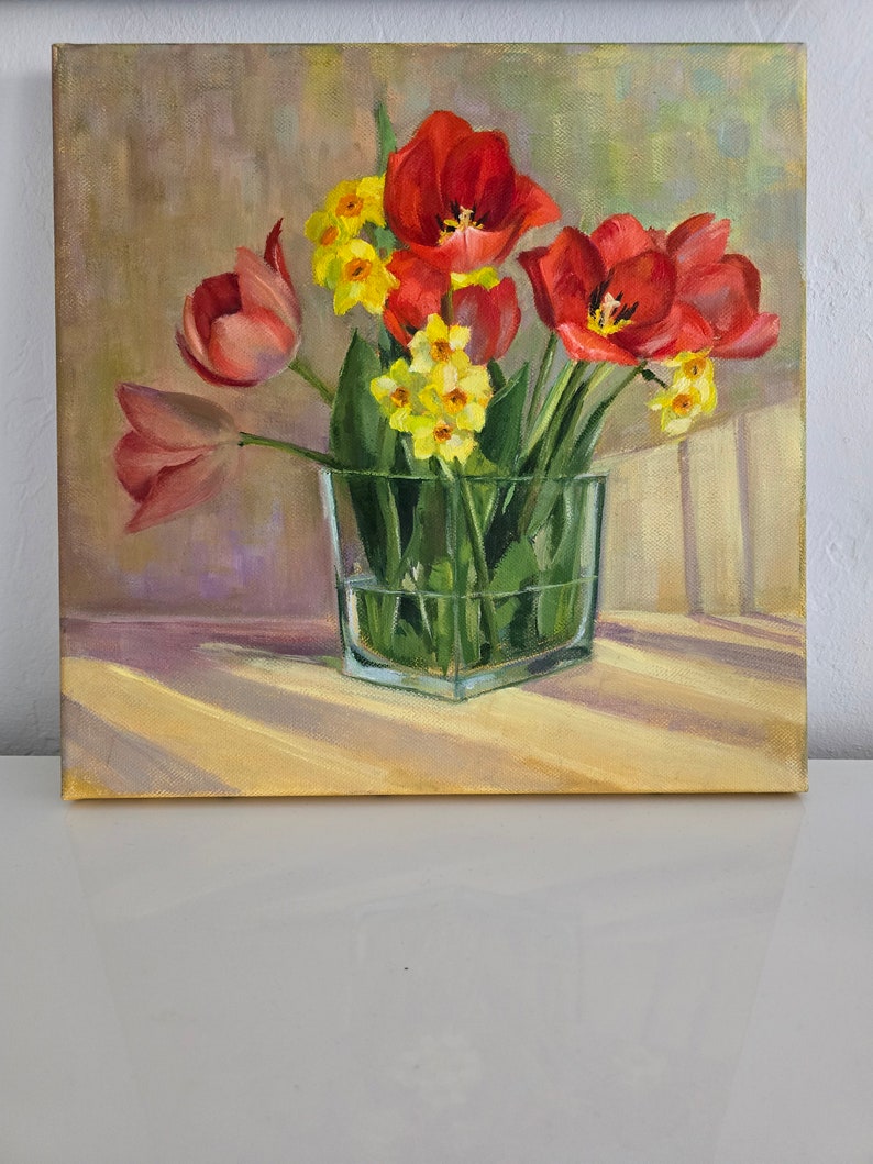 Tulipes et jonquilles Art original peinture à l'huile fleur moyenne 30,5 x 12 pouces image 3