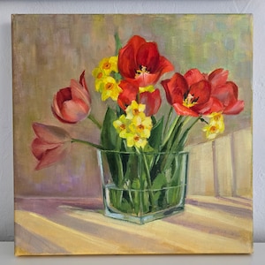 Tulipes et jonquilles Art original peinture à l'huile fleur moyenne 30,5 x 12 pouces image 1