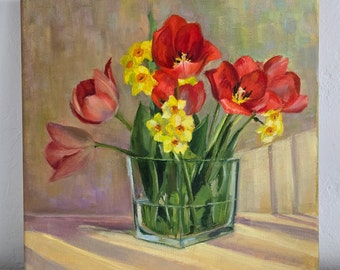 Tulipes et jonquilles Art original peinture à l'huile fleur moyenne 30,5 x 12 pouces