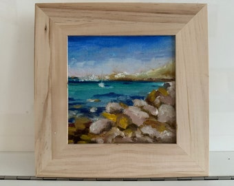 Peinture sur mer originale encadrée art bord de mer peinture à l'huile paysage oeuvre moyenne 15 x 15 cm