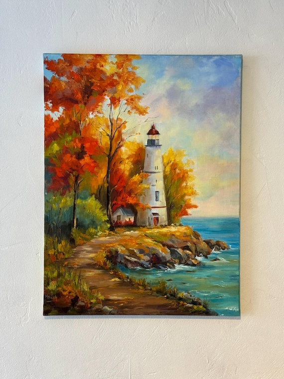 灯台の風景画 灯台の油絵：海岸の風景画、原画 18x24 インチ - Etsy 日本