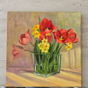 Tulipes et jonquilles Art original peinture à l'huile fleur moyenne 30,5 x 12 pouces image 4