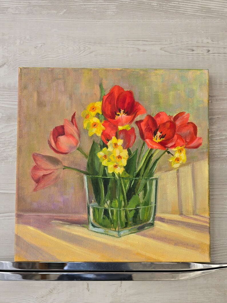 Tulipes et jonquilles Art original peinture à l'huile fleur moyenne 30,5 x 12 pouces image 4