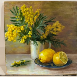 Mimosas and lemon painting floral Original art mimosas and lemon oil painting flower medium artwork 12 by 12 inches