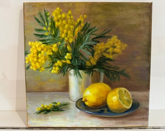 Mimosas peinture florale Art original mimosas peinture à l'huile fleur moyenne oeuvre 12 par 12 pouces