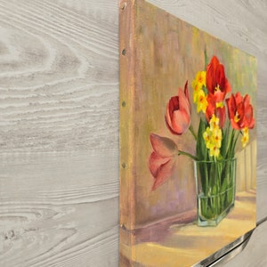 Tulipes et jonquilles Art original peinture à l'huile fleur moyenne 30,5 x 12 pouces image 2