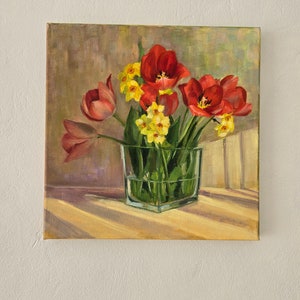 Tulipes et jonquilles Art original peinture à l'huile fleur moyenne 30,5 x 12 pouces image 5