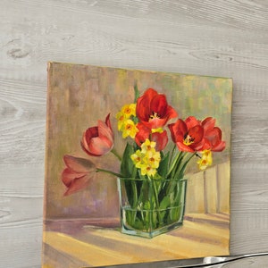 Tulipes et jonquilles Art original peinture à l'huile fleur moyenne 30,5 x 12 pouces image 7