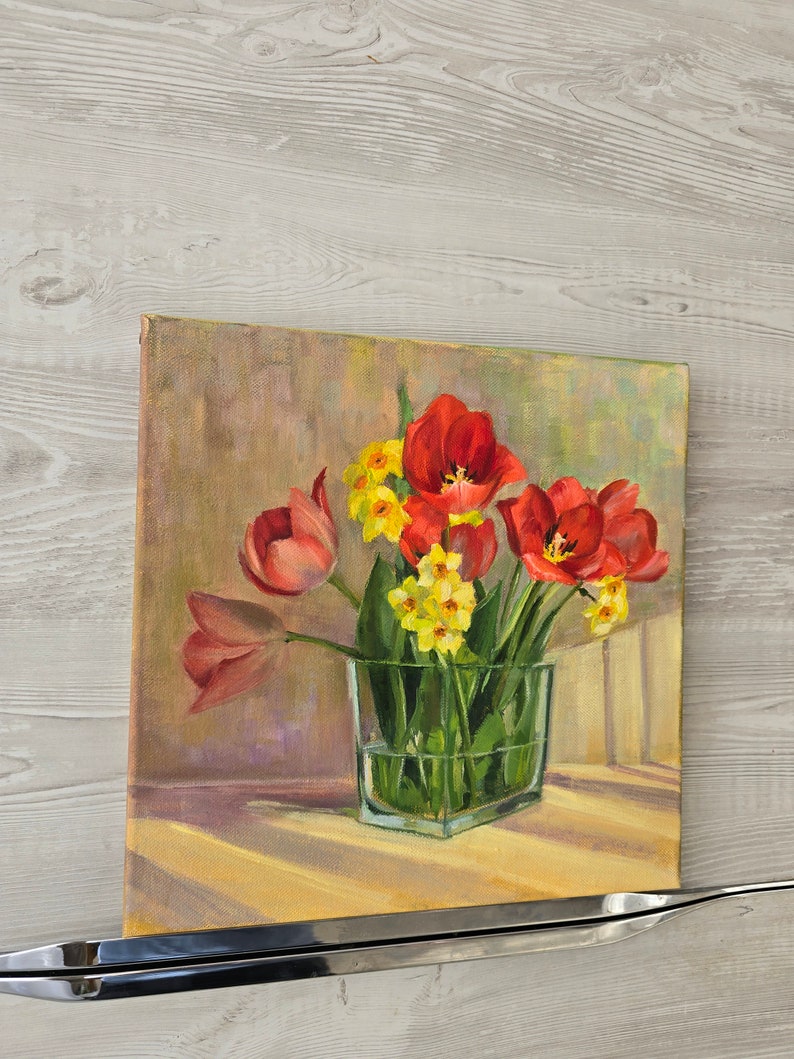 Tulipes et jonquilles Art original peinture à l'huile fleur moyenne 30,5 x 12 pouces image 7