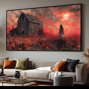 Haunted Pumpkin Patch Halloween Canvas, Spooky Abandoned Barn Wall Art, Moonlit Ghostly Landscape, Eerie Autumn Decoration, Creepy Fall