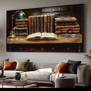 Vintage-Leinwandbild mit Bibliotheksschreibtisch, Wandbild mit antiken Büchern, Dekoration für Arbeitszimmer, Leinwandbild mit klassischer Literatur, gemütliche Bürodekoration