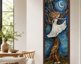 Enchanted Night Fairy Canvas, Whimsical Moonlight Tree Wall Art, Fantasy Bedroom Decor