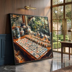 Mahjong Tea Set Still Life Canvas, Asian Culture Wall Art, Tabletop Decor (Gallery Print)