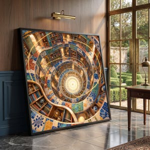 Spiral Library Mosaic Tile Canvas, Circular Architecture Wall Art (Gallery Quality)