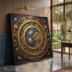 Cosmic Tree of Life Clock Canvas, Gustav Klimt Style, Gold Gears, Zodiac Constellations