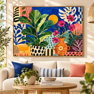 May include: A rectangular wall art print featuring a vibrant collage of botanical elements, including a large green fiddle leaf fig in a polka dot pot, an orange vase with pink flowers, a yellow sun, and abstract patterns in blue, black, and pink.