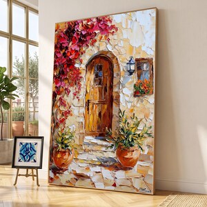 Rustic Mediterranean Door Canvas, Flowering Tree Wall Art, Warm Entryway Decor, Clay Pot Plants Canvas, Charming Outdoor Scene