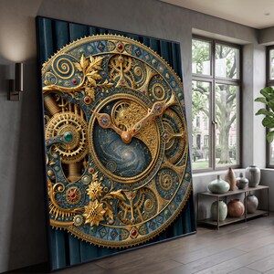 Ornate Celestial Clock Canvas, Gustav Klimt Style, Golden Mechanical Wall Art