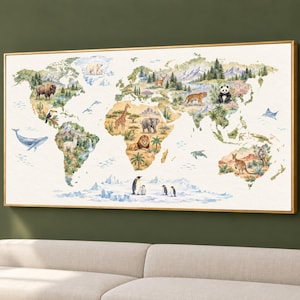 May include: A rectangular wall art print featuring a world map illustration in a gold frame. The map displays various animals in their respective habitats, including a polar bear, whale, giraffe, elephant, lion, tiger, panda, and kangaroo.