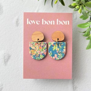 Cork and Leather Handmade Petite Earring with Wooden topper, dangle earring, handmade earring, floral print earring, handmade earrings