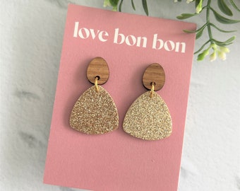 Cork and Leather Handmade Petite Triangle Earring with Wooden topper & stainless steel post, dangle earring, birthday gift, gold glitter