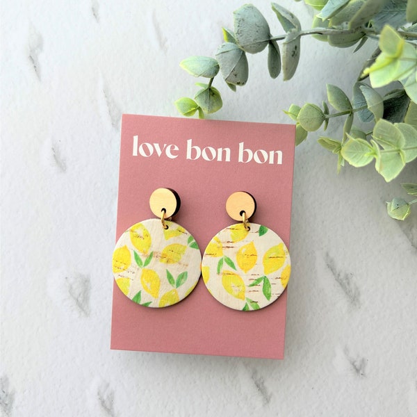 Cork and Leather Handmade Circle Earring with Wooden topper - dangle earring - handmade earring - lemon print cork leather