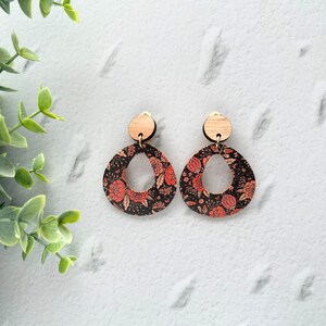 Clip On Handmade Large Cut Out Dangle Cork and Leather Earring with Wooden topper, non pierced ear, handmade jewellery, leather jewelry