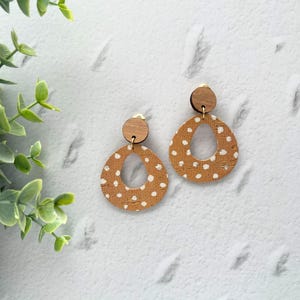 Clip On Handmade Large Cut Out Dangle Cork and Leather Earring with Wooden topper, non pierced ear, handmade jewellery, leather jewelry