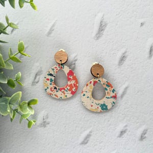 Clip On Handmade Large Cut Out Dangle Cork and Leather Earring with Wooden topper, non pierced ear, handmade jewellery, leather jewelry