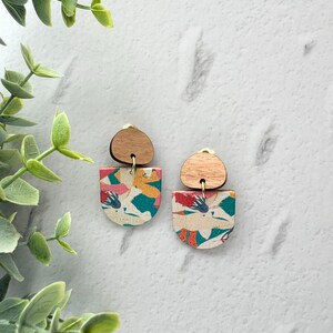 Clip On Handmade Cork and Leather Dangle Petite Earring with Wooden topper, non pierced ear, handmade jewellery, leather jewelry