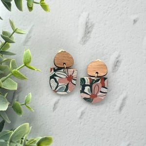 Clip On Handmade Cork and Leather Dangle Petite Earring with Wooden topper, non pierced ear, handmade jewellery, leather jewelry