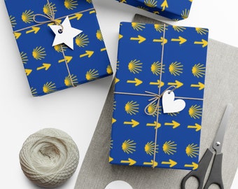 Celebrate Camino: Unique Wraps Camino de Santiago arrows and shells on a beautiful deep blue paper. Camino wrap paper roll W01