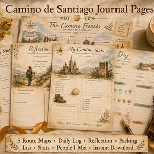 May include: A set of vintage-style journal pages for the Camino de Santiago pilgrimage. The pages include route maps, daily logs, reflection prompts, packing lists, and space to record stats and people met. The pages are beige with watercolour illustrations.