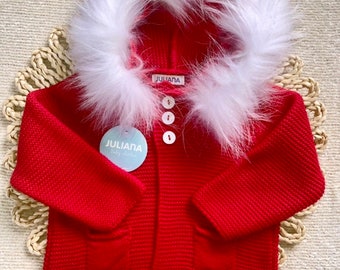 Juliana Spanish baby clothes red knitted cardigan with hood and fur trim. Perfect for Christmas