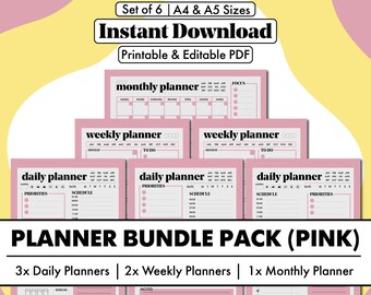 Ultimate 6-in-1 Pink Digital Planner Bundle | 3 Daily, 2 Weekly & 1 Monthly | Boost Productivity and Stay Organised | Instant Download | PDF