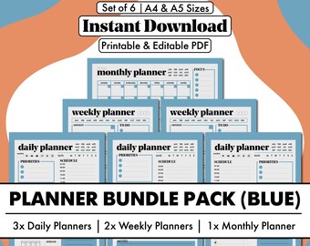 Ultimate 6-in-1 Blue Digital Planner Bundle | 3 Daily, 2 Weekly & 1 Monthly | Boost Productivity and Stay Organised | Instant Download | PDF