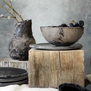 Berry Bowl with Ceramic Plate, Japanese Handmade Wabi Sabi Pottery, Rice Bowl with Trinket Dish image 6