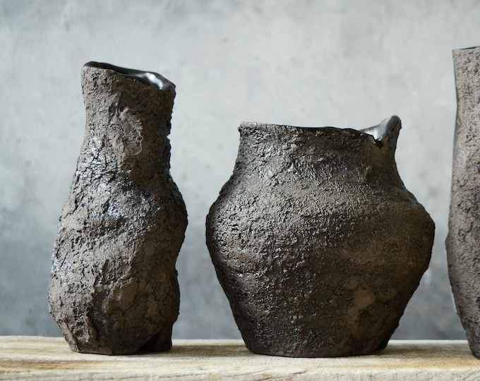 Primitive Pottery Japanese Vase, Black Minimalist Wabi Sabi, Raw Unglazed Rustic Ceramics