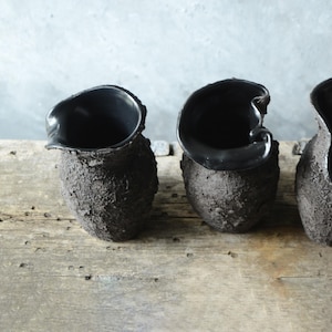 Op de afbeelding: Drie zwarte keramische vazen met een ruw, getextureerd oppervlak. De vazen zijn allemaal van verschillende vormen en maten en zijn in een rij op een houten oppervlak gerangschikt.