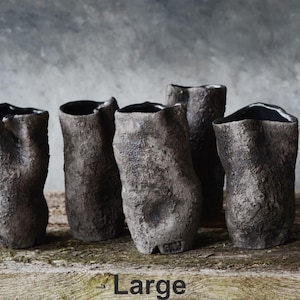 Primitive Pottery Japanese Vase, Black Minimalist Wabi Sabi, Raw Unglazed Rustic Ceramics image 9