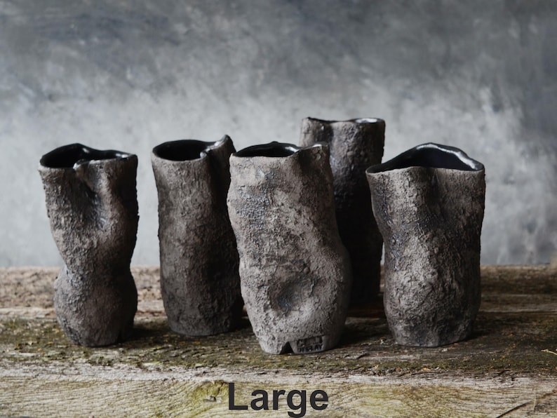 Primitive Pottery Japanese Vase, Black Minimalist Wabi Sabi, Raw Unglazed Rustic Ceramics image 9