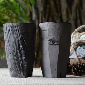 Gift Set for 2 - Bold Large Rocky Ceramic Mugs, Black Cups for Tea or Coffee, Two Handmade Carved Kurinuki, Christmas Gift for Couple