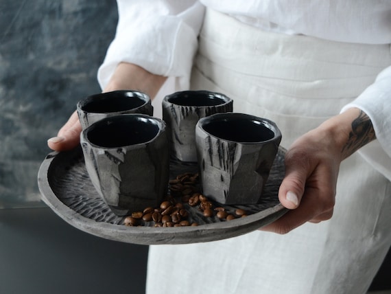 Espresso Cup, Handmade Pottery Coffee Set, Wabi Sabi Slow Made Kurinuki, Japanese Ceramics in Minimalist Black Matte