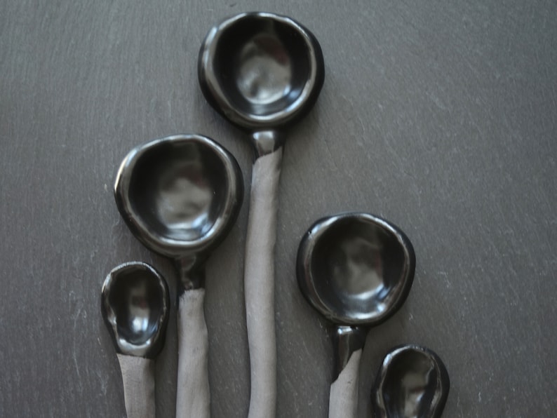 May include: Set of five black ceramic spoons of varying sizes. The spoons are glossy and have a smooth, rounded shape.