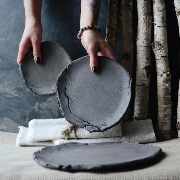 Black Ceramic Wabi Sabi Rustic Plates, Japanese Minimalist Trinket Dish, Primitive Pottery Appetizer or Snack Plate, Handmade Candle Dish