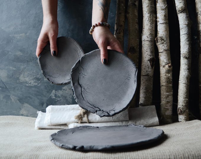 Black Ceramic Wabi Sabi Rustic Plates, Japanese Minimalist Trinket Dish, Primitive Pottery Appetizer or Snack Plate, Handmade Candle Dish