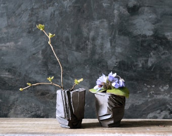 Minimalist Vase from Black Clay, Wabi Sabi Pottery Small Japanese ceramic sculpture, Handmade Tableware