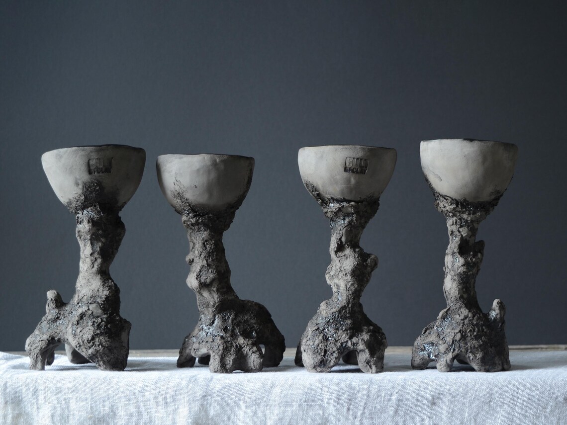 Black Clay Chalice Rustic Ritual Cup On Tall Leg Ceramic Goblet Wine 