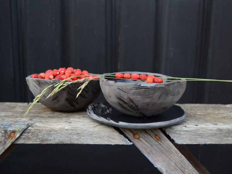 Berry Bowl with Ceramic Plate, Japanese Handmade Wabi Sabi Pottery, Rice Bowl with Trinket Dish image 3